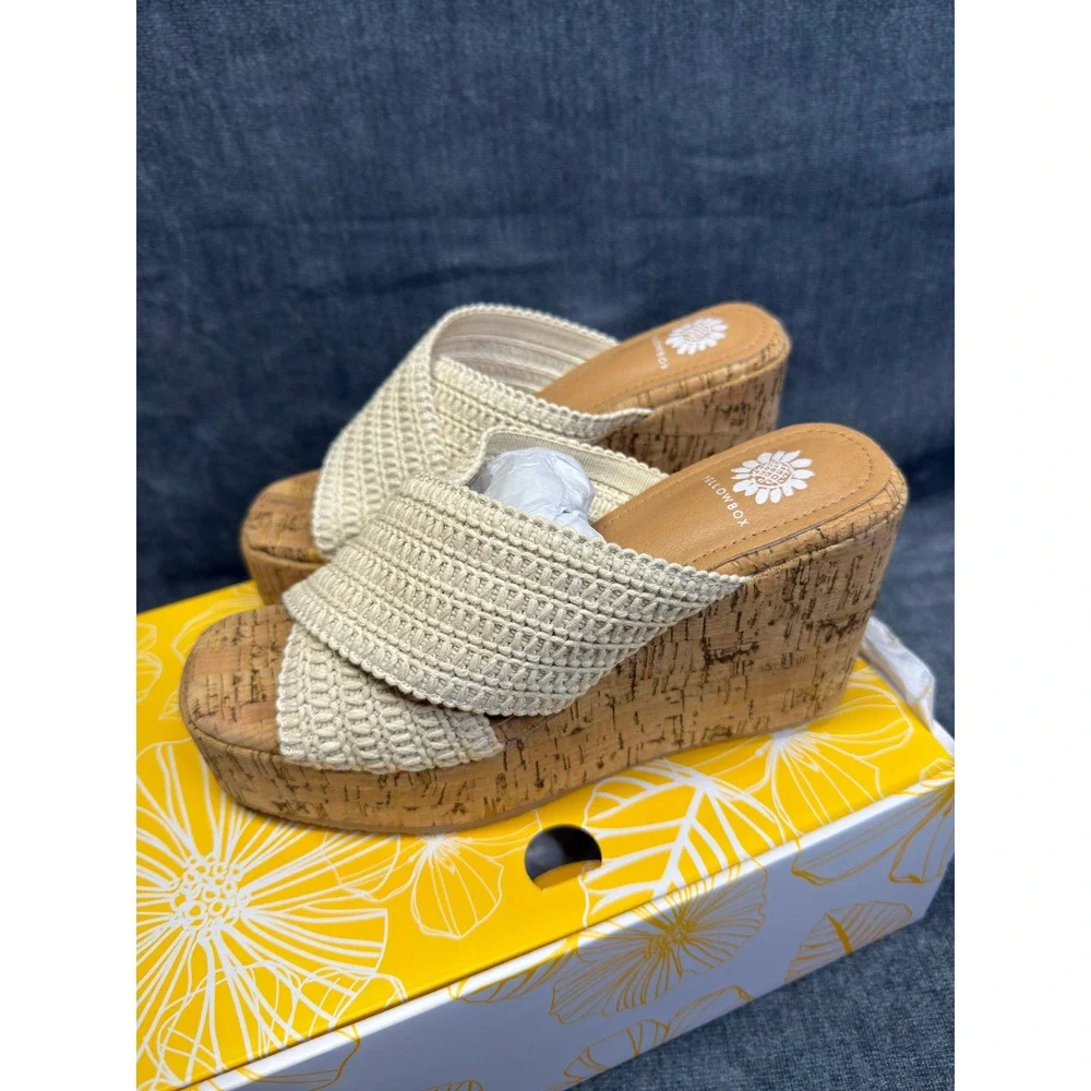 Yellow Box Halva Sandals Womens 7 Natural Woven Cork High Wedge Platform Slide